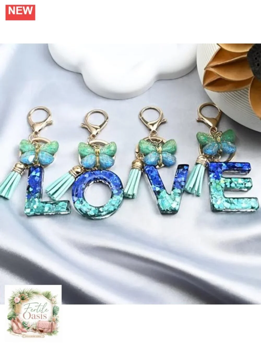 Butterfly Initial Letter Keychain Bag Charm Women Resin Tassel Accessory